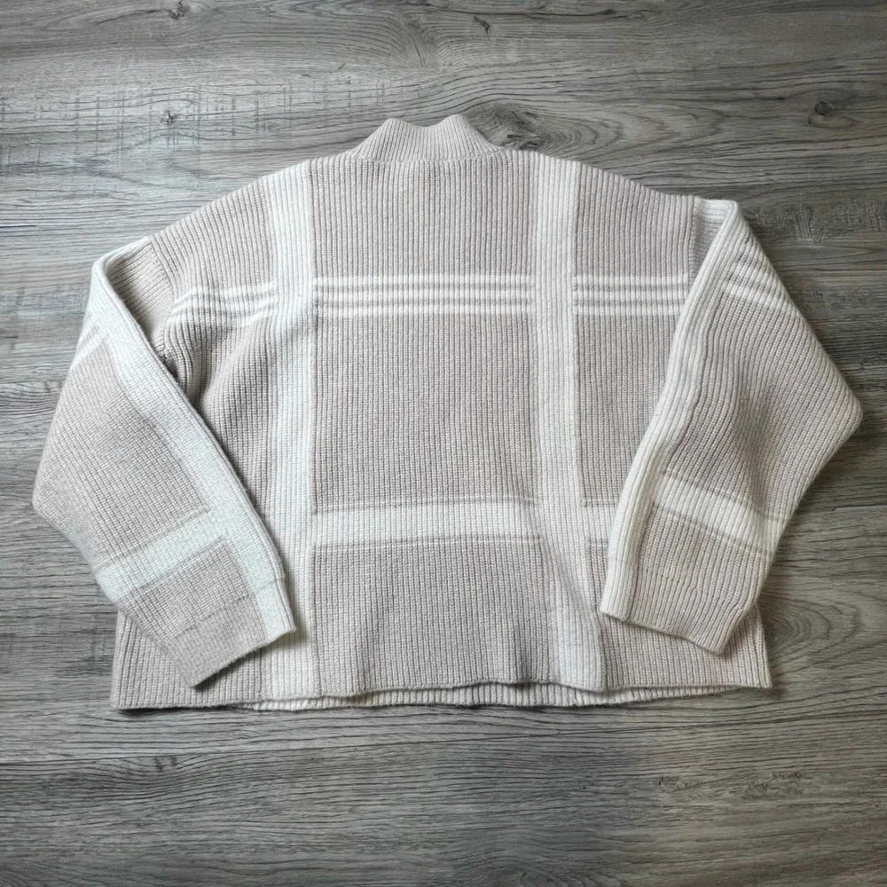 Ann Taylor Sweater Womens XL Beige Windowpane Plaid Mock Neck‎ Ribbed Pullover